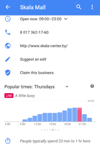 График наплыва покупателей в ТЦ "Скала" на основе данных Google, собранных по мобильным телефонам